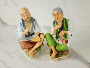 Homco Asian Old Men & Woman #1431 Couple 6" x 3 1/2" Ceramic 80's Home Decor x2